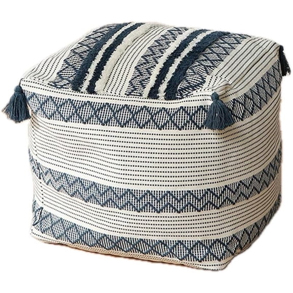 MOCOFO Square Tufted Pouf Cover with Tassels, Unstuffed Boho Storage Ottoman for Blankets and Pillows, Woven Cotton Floor Seating Footstool for Living Room & Nursery (Cover Only,Blue)