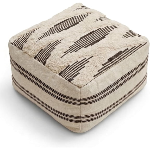 MOCOFO Unstuffed Pouf Cover 16x16x8 Inch - Grey Striped X-Tufted Low Floor Ottoman Foot Rest, Textured Square Storage Bean Bag Chair Cushion for Living Room Bedroom Under Desk