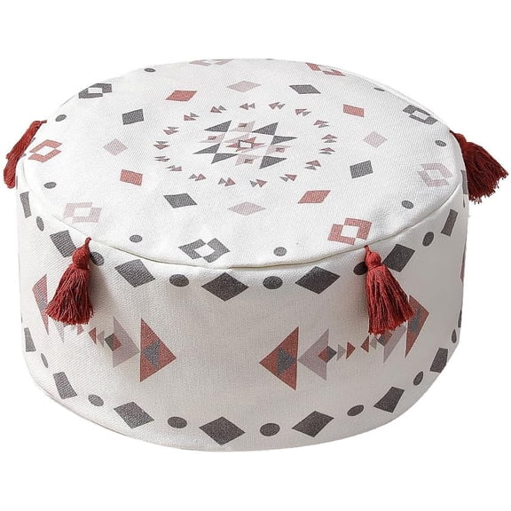MOCOFO Unstuffed Round Pouf Cover, Boho Geometric Ottoman w/ Tassels, Washable Cotton, 18x18x8" (red)