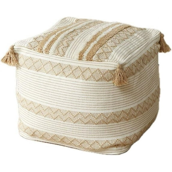 MOCOFO Unstuffed Tufted Ottoman Tassel Square Pouf Cover - Washable Ottoman Foot Stool for Living Room Home Decor (Beige)