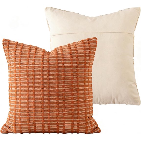 MOCOFO Woven Throw Pillow Covers, 3D Textured Yarn-Dyed Cotton Blend, 18x18 Inches, Square, Boho Wabi-Sabi Farmhouse Style (Orange, 18 x 18 inch)