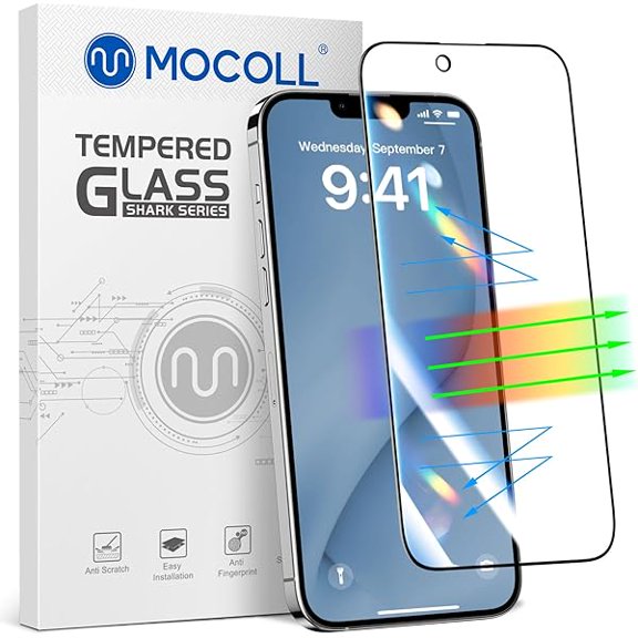 MOCOLL Anti-Blue Light Screen Protector for iPhone 14 Plus  Eye Protection Tempered Glass with 9H Hardness, HD Clarity, Anti-Fingerprint, Scratch Resistant, Easy Installation, Bubble-Free