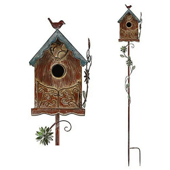 MOCOME Outdoor Metal Bird House Stake, Distressed Birdhouse Stand with Pole for Outside,Baroque House with Flower Design, Rustic Decorative Garden Stake for Yard(Brown)
