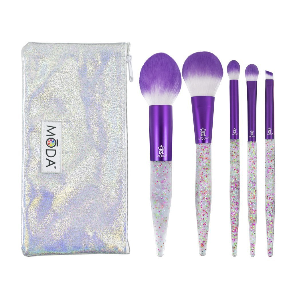 MODA Brush Glitter Bomb 6pc Complete Purple Makeup Brush Set with  Holographic Zip Case 