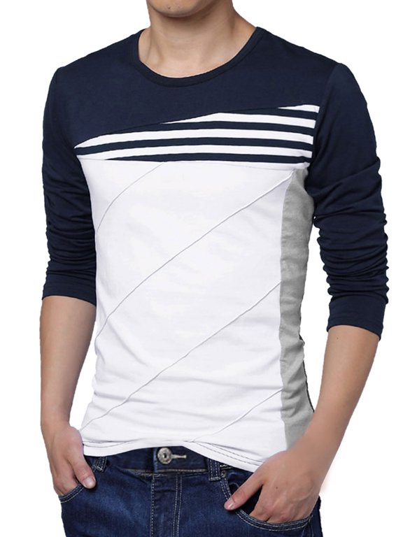 Big & Tall Men Color Block Striped Panel Long Sleeve Pullover T-shirt Blue 46