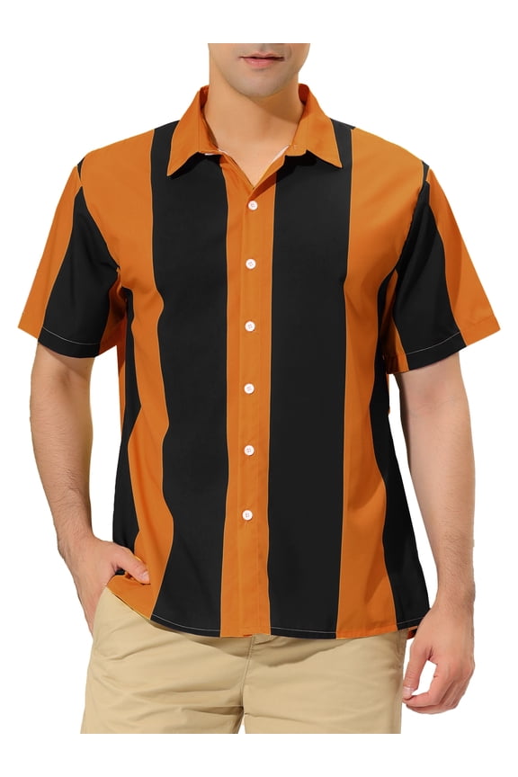 Big & Tall Men's Beach Striped Button Down Color Block Shirts Black Brown 3XLT