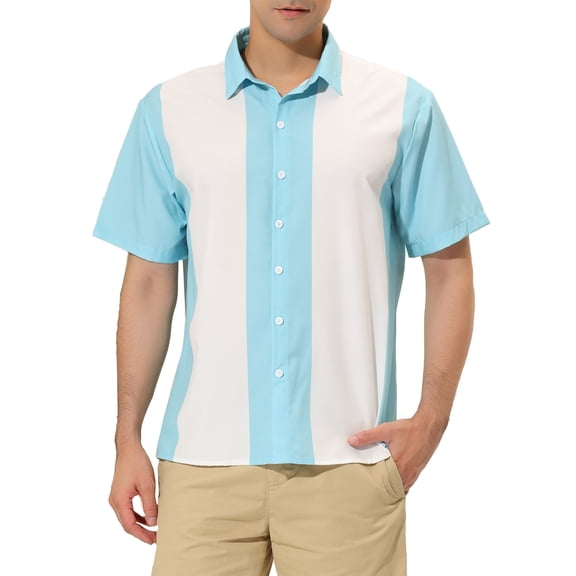 MODA NOVA Big & Tall Men's Beach Striped Button Down Color Block Shirts White Sky Blue XLT
