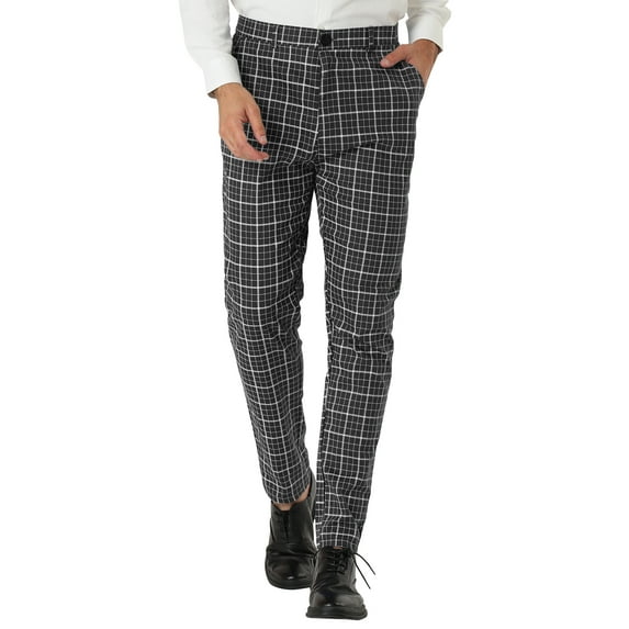 MODA NOVA Big & Tall Men's Business Pants Checked Printed Slim Fit Trousers Black 34