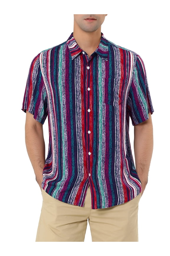 Big & Tall Men's Button Down Point Collar Short Sleeve Vertical Striped Shirt Multicolor L