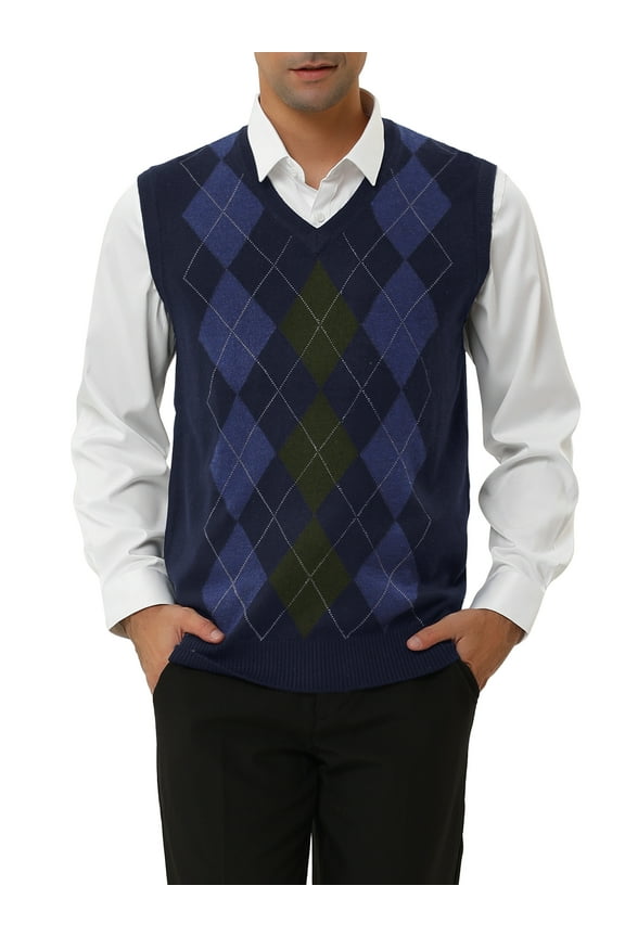 Big & Tall Men's Casual Argyle Vest Sweater Slim Fit Knit Pullover Navy LT