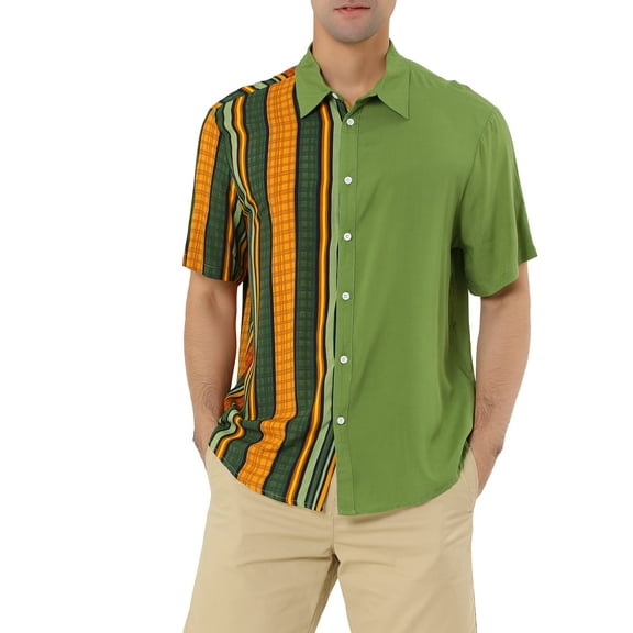 MODA NOVA Big & Tall Men's Color Block Short Sleeve Button Striped Shirts Green XLT
