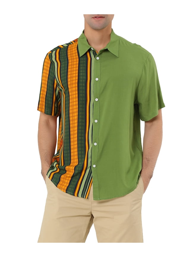 Big & Tall Men's Color Block Short Sleeve Button Striped Shirts Green XLT