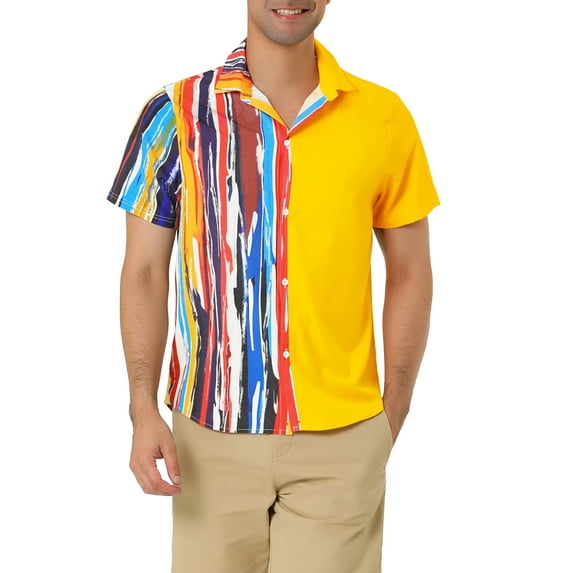 MODA NOVA Big & Tall Men's Color Block Short Sleeve Button Striped Shirts Yellow 3XLT