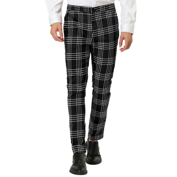 MODA NOVA Big & Tall Men's Dress Plaid Pants Formal Printed Business Trousers Black LT(US 34)
