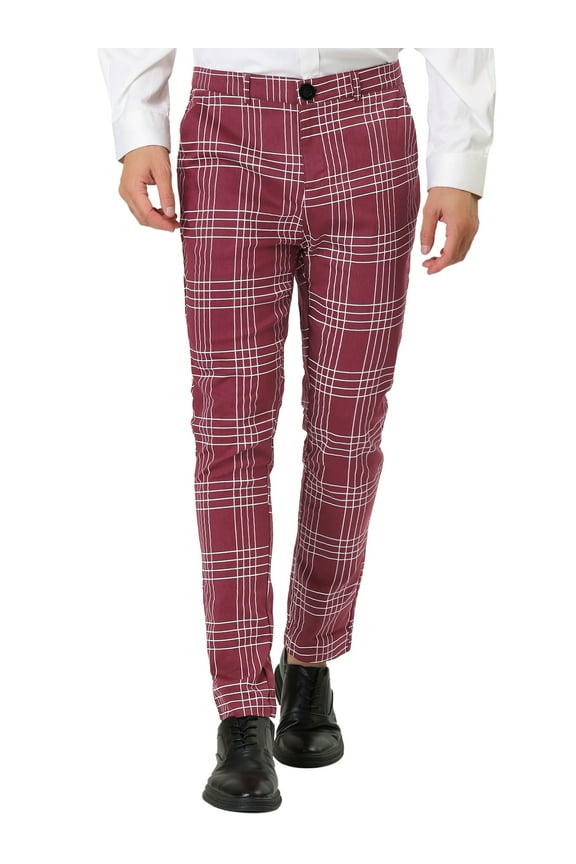 Big & Tall Men's Dress Plaid Pants Formal Printed Business Trousers Burgundy LT(US 36)