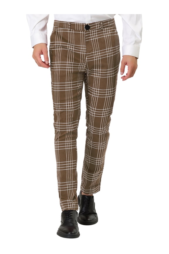 Big & Tall Men's Dress Plaid Pants Formal Printed Business Trousers Dark Brown LT(US 36)