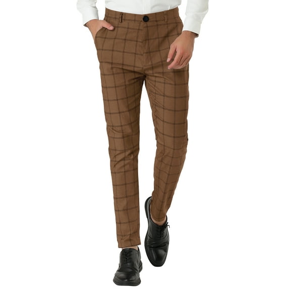 MODA NOVA Big & Tall Men's Dress Plaid Slim Fit Flat Front Business Pants Dark Brown LT(US 34)