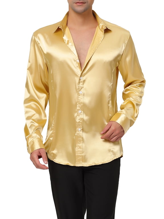 Big & Tall Men's Dress Satin V Neck Long Sleeve Button Down Shirts Golden LT