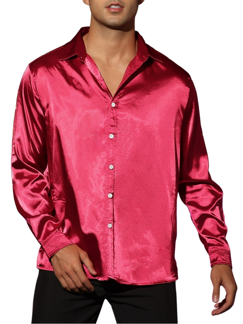 burgundy dress shirt big and tall Barry. Wang Burgundy Satin Mens Dress Shirts Long Sleeve Solid Formal main image 1