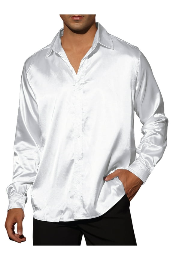 Big & Tall Men's Dress Satin V Neck Long Sleeve Button Down Shirts White LT