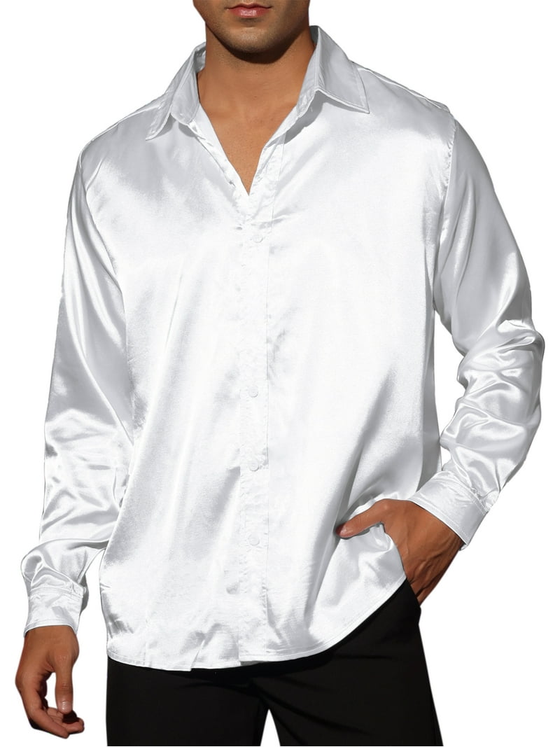 MODA NOVA Big Tall Men's Dress Satin V Neck Long Sleeve Button