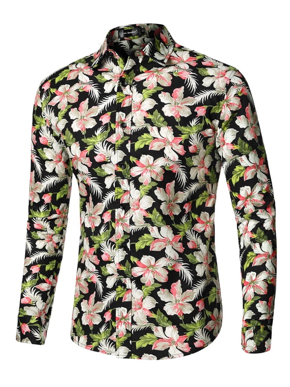 Big & Tall Men's Floral Point Collar Long Sleeve Hawaiian Shirt Black Green 2XLT