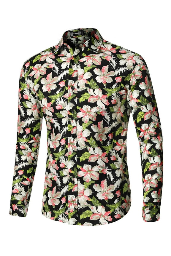 Big & Tall Men's Floral Point Collar Long Sleeve Hawaiian Shirt Black Green LT