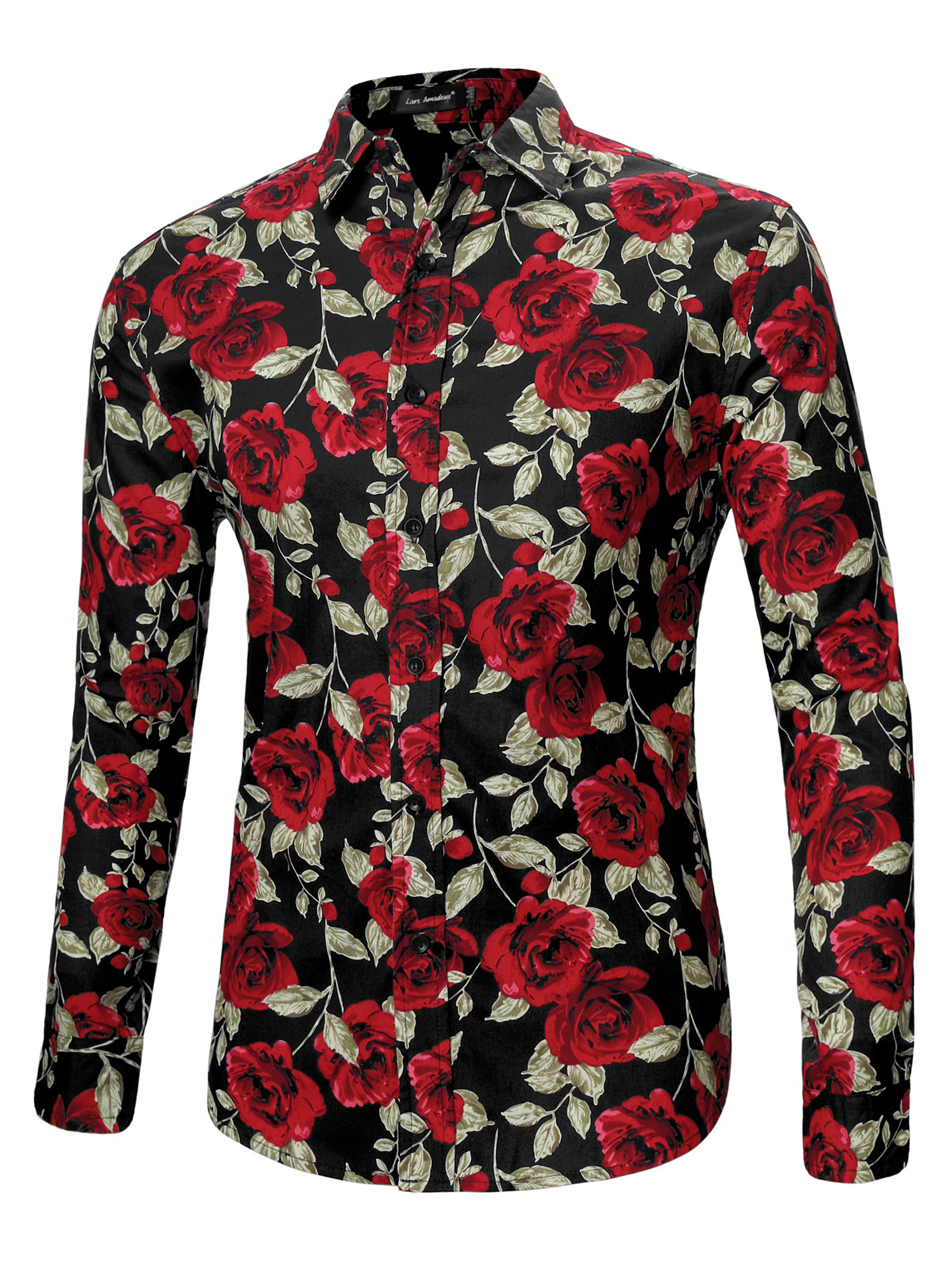 MODA NOVA Big & Tall Men's Floral Point Collar Long Sleeve Hawaiian Shirt Black Rose 3XLT - image 1 of 6