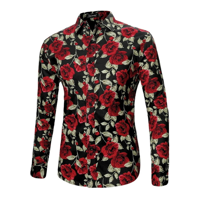 MODA NOVA Big & Tall Men's Floral Point Collar Long Sleeve Hawaiian Shirt Black Rose 3XLT