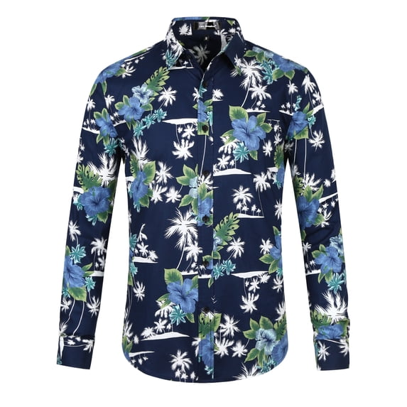 MODA NOVA Big & Tall Men's Floral Point Collar Long Sleeve Hawaiian Shirt Navy Blue XLT