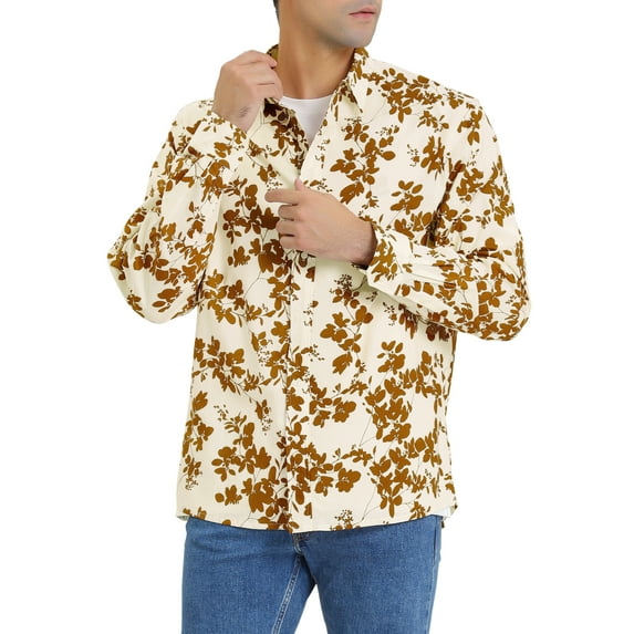 MODA NOVA Big & Tall Men's Floral Point Collar Long Sleeve Hawaiian Shirt White Yellow LT