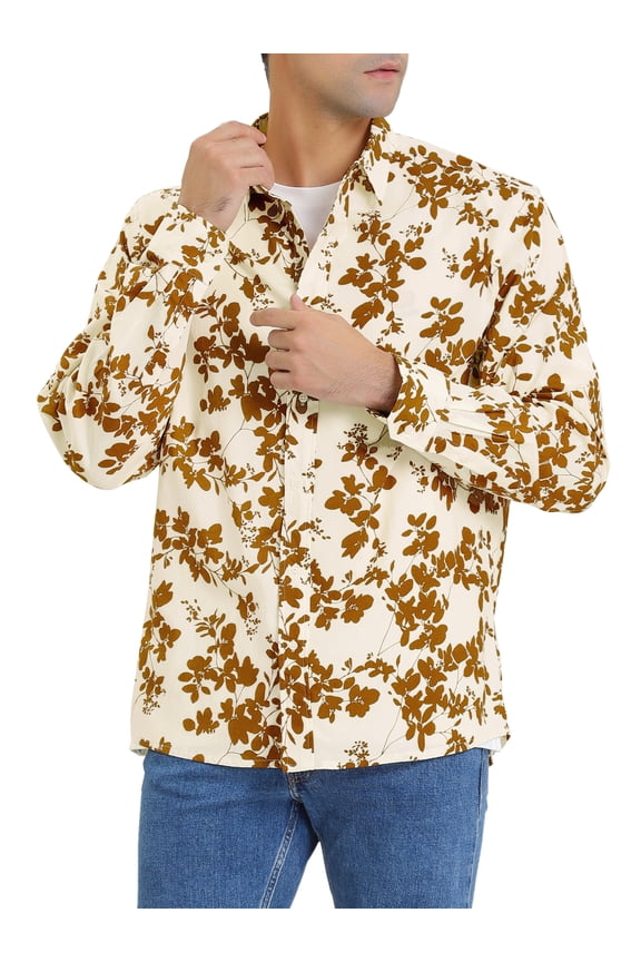 Big & Tall Men's Floral Point Collar Long Sleeve Hawaiian Shirt White Yellow LT