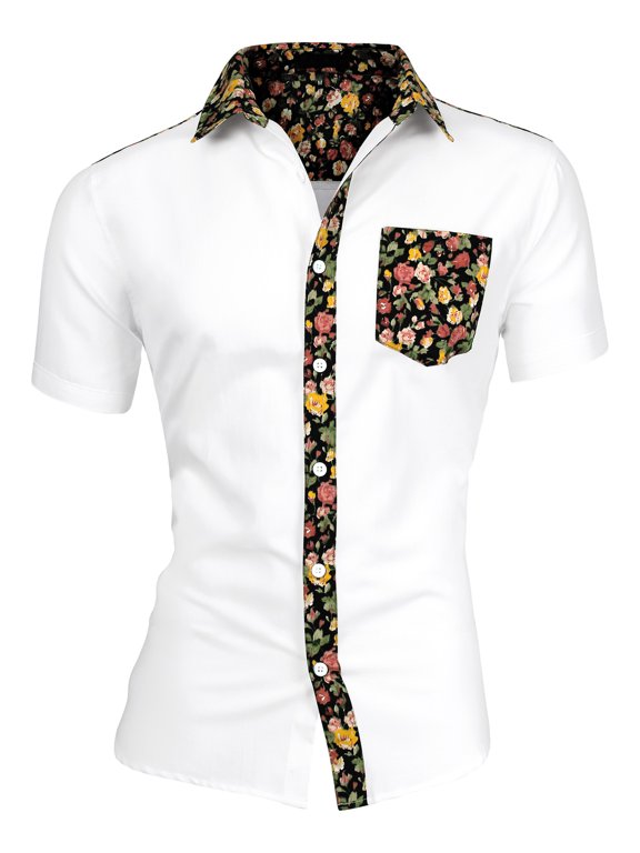 Big & Tall Men's Floral Print Pocket Button Down Hawaiian Shirt White Black 42