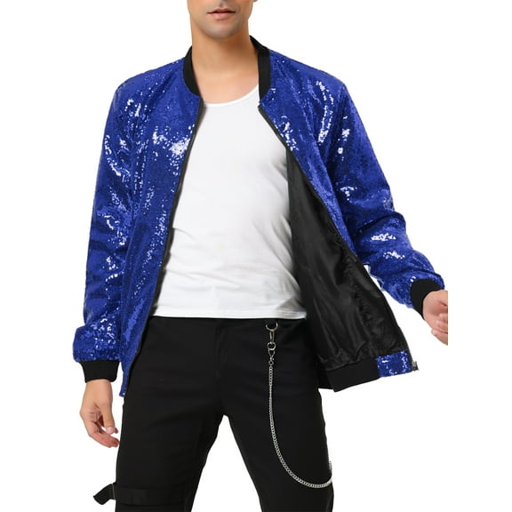MODA NOVA Big & Tall Men's Glitter Long Sleeve Zipper up Short Bomber Jacket