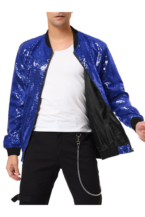 Big & Tall Men's Glitter Long Sleeve Zipper up Short Bomber Jacket