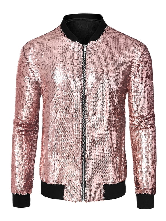 Big & Tall Men's Glitter Long Sleeve Zipper up Short Bomber Jacket