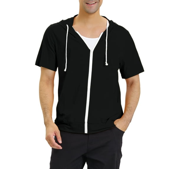 MODA NOVA Big & Tall Men's Hoodies Solid Color Zip Up Short Sleeve Jacket Black XLT