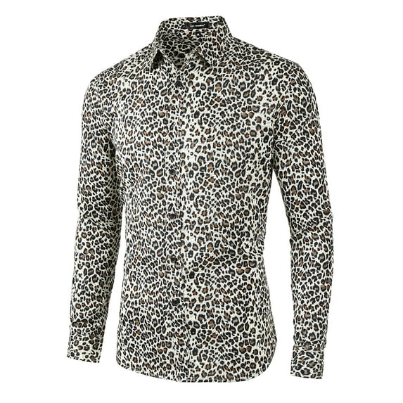 MODA NOVA Big & Tall Men's Leopard Print Button Down Long Sleeve Shirt Brown XL