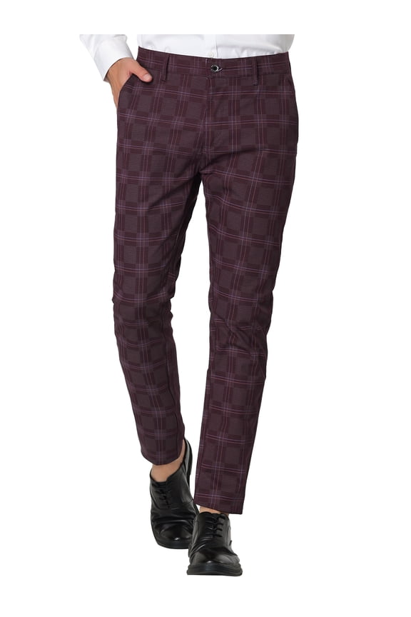 Big & Tall Men's Plaid Dress Pants Slim Fit Business Check Trousers Burgundy LT(US 34)
