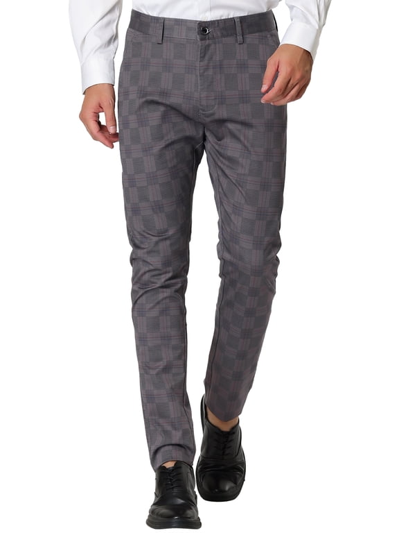 Big & Tall Men's Plaid Dress Pants Slim Fit Business Check Trousers Gray LT(US 36)