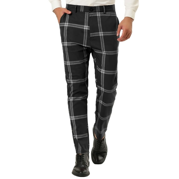 MODA NOVA Big & Tall Men's Plaid Dress Pants Slim Fit Checked Printed Pants Black LT(US 34)