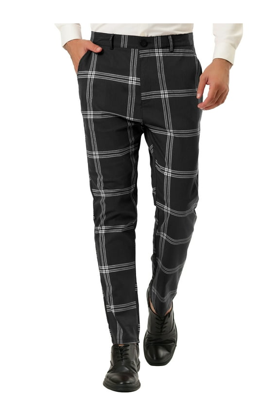 Big & Tall Men's Plaid Dress Pants Slim Fit Checked Printed Pants Black XLT(US 38)