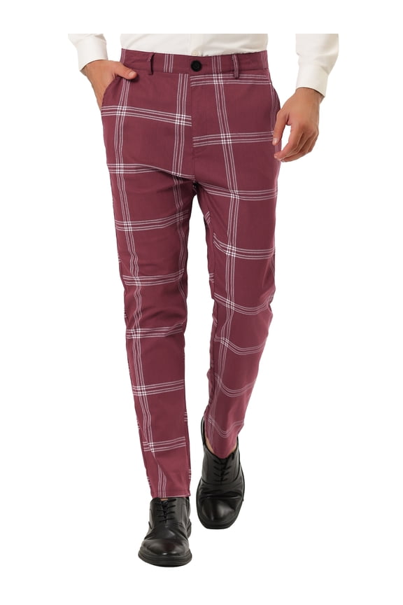 Big & Tall Men's Plaid Dress Pants Slim Fit Checked Printed Pants Burgundy LT(US 36)
