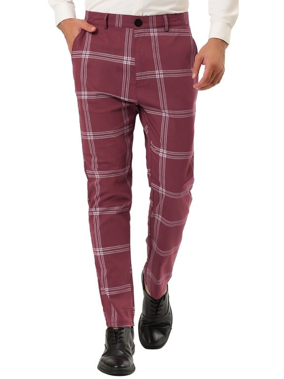 Big & Tall Men's Plaid Dress Pants Slim Fit Checked Printed Pants Burgundy LT(US 36)
