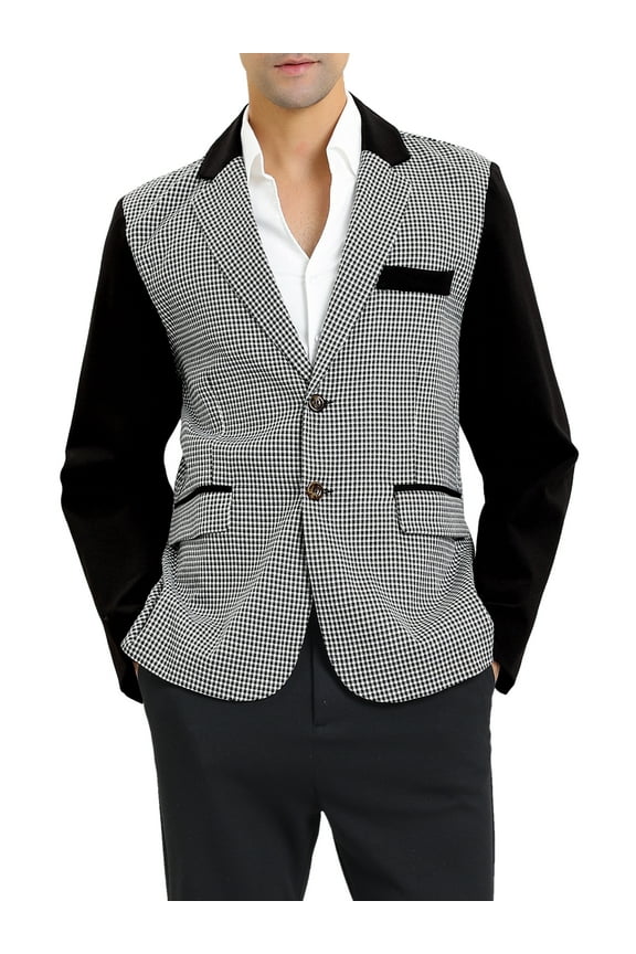 Big & Tall Men's Plaid Pattern Button Down Slim Fit Jacket Blazer Black and White LT