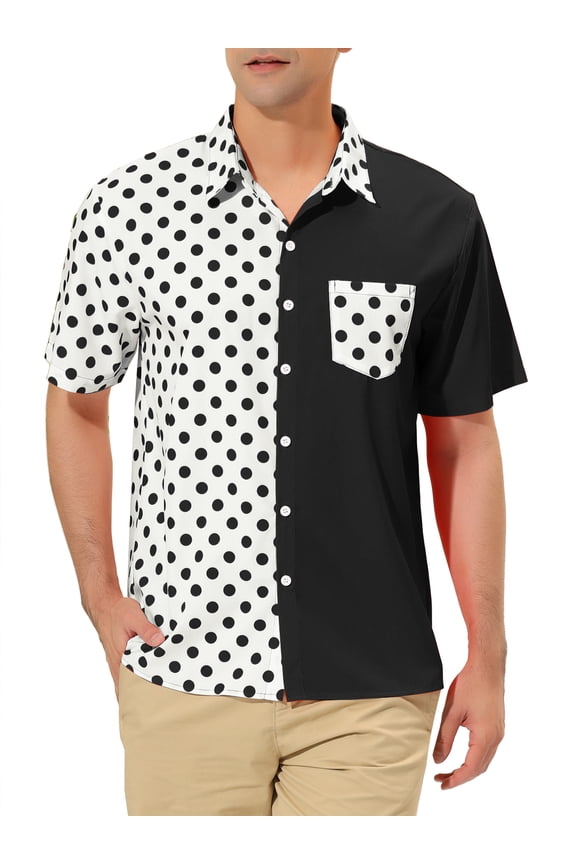 Big & Tall Men's Polka Dots Button Down Patchwork Beach Shirt Black 3XLT