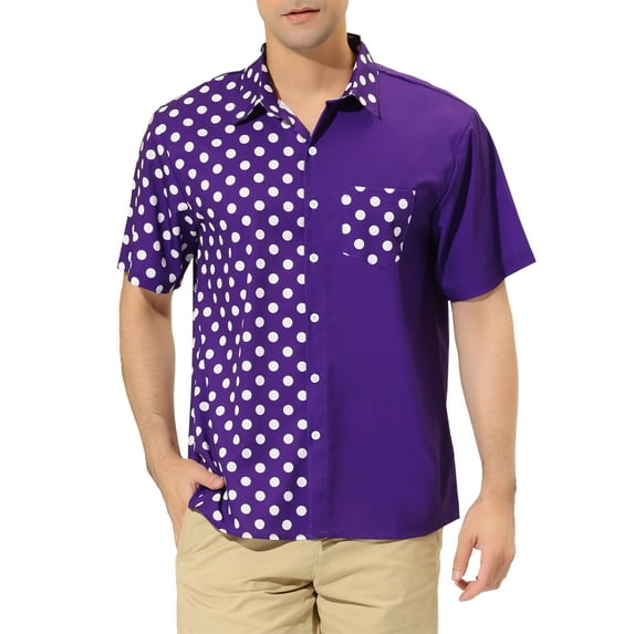 MODA NOVA Big & Tall Men's Polka Dots Button Down Patchwork Beach Shirt Purple 2XLT