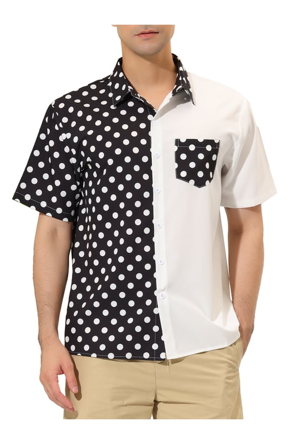 Big & Tall Men's Polka Dots Button Down Patchwork Beach Shirt White LT