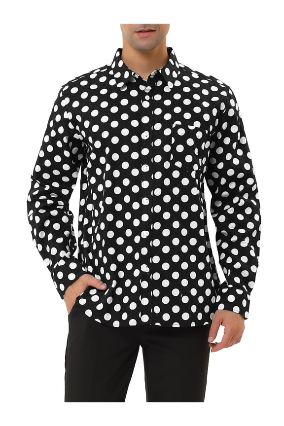 Big & Tall Men's Polka Dots Long Sleeve Dress Button Down Shirts Black White L