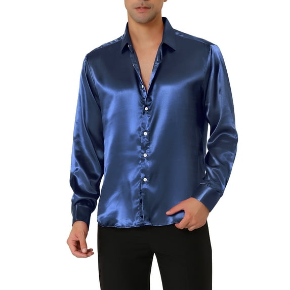 MODA NOVA Big & Tall Men's Satin Long Sleeve Button Down Slim Fit Dress Shirt Navy XL